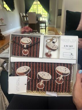 Rachel Zoe Beaded Cocktail Clutch, Card Case & Charm Set - Black & Rust